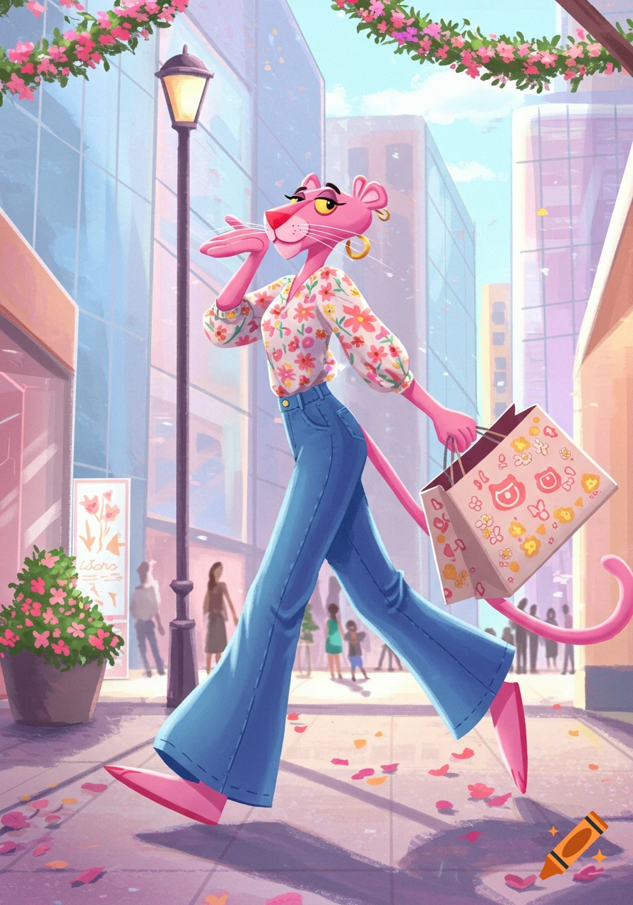 A stylish Pink Panther wearing a floral top and wide-leg jeans walks down a sunny city street, carrying a shopping bag.