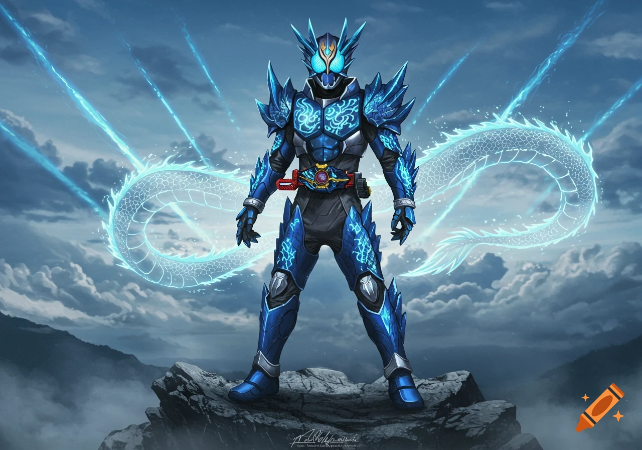 Blue armored Kamen Rider with glowing ethereal dragon behind him, standing on a rocky cliff under a cloudy sky.