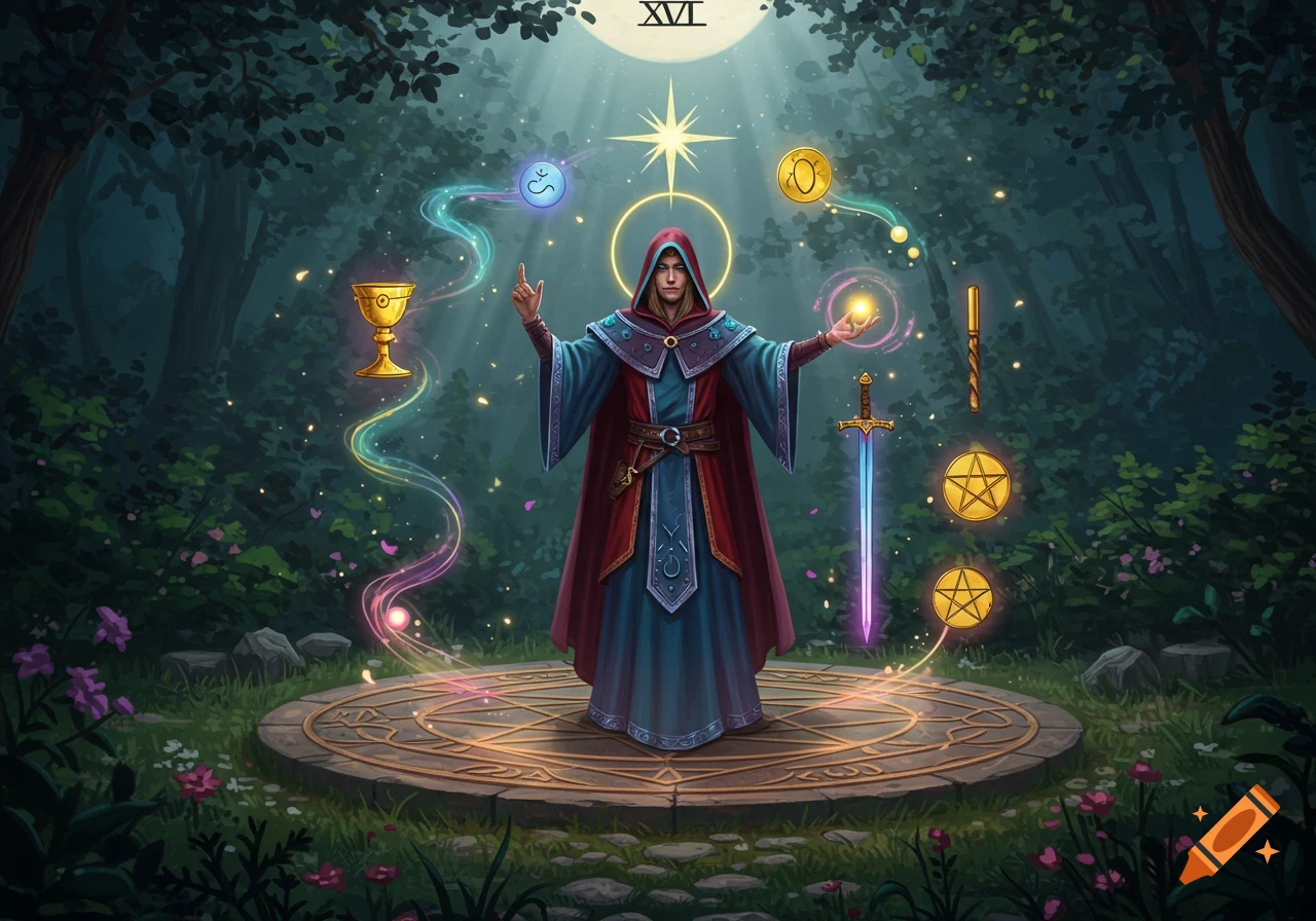 A robed magician stands on a circular platform in a mystical forest, surrounded by floating magical symbols and a glowing star.