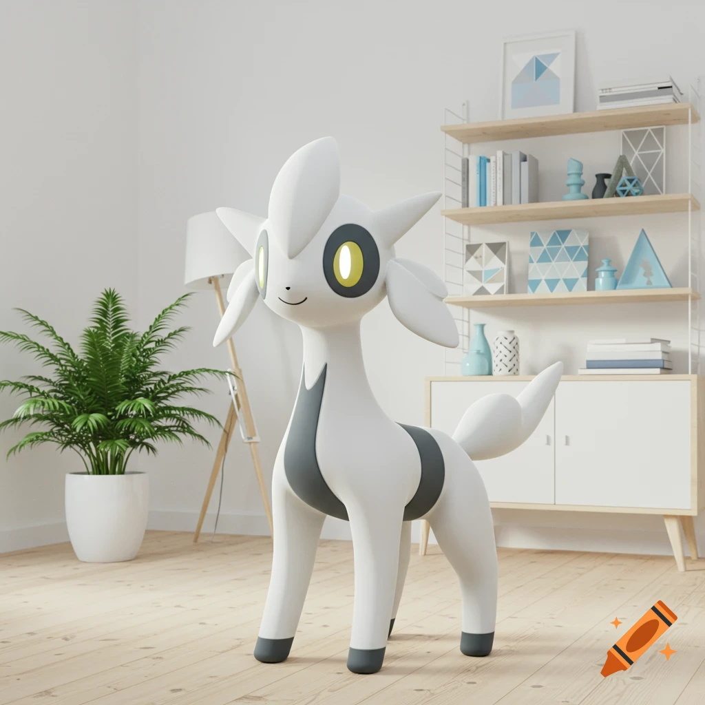 A white and gray stylized creature resembling a Pokemon stands in a modern, minimalist room with a plant and bookshelf. 3D render.