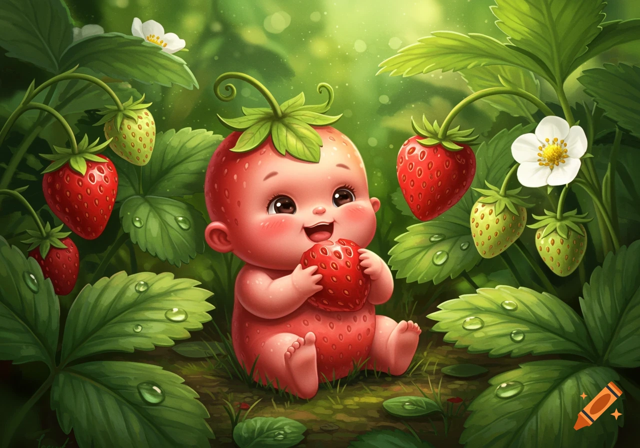 A cute strawberry baby holding a strawberry, sitting among lush strawberry plants with dew drops. Cartoon style.