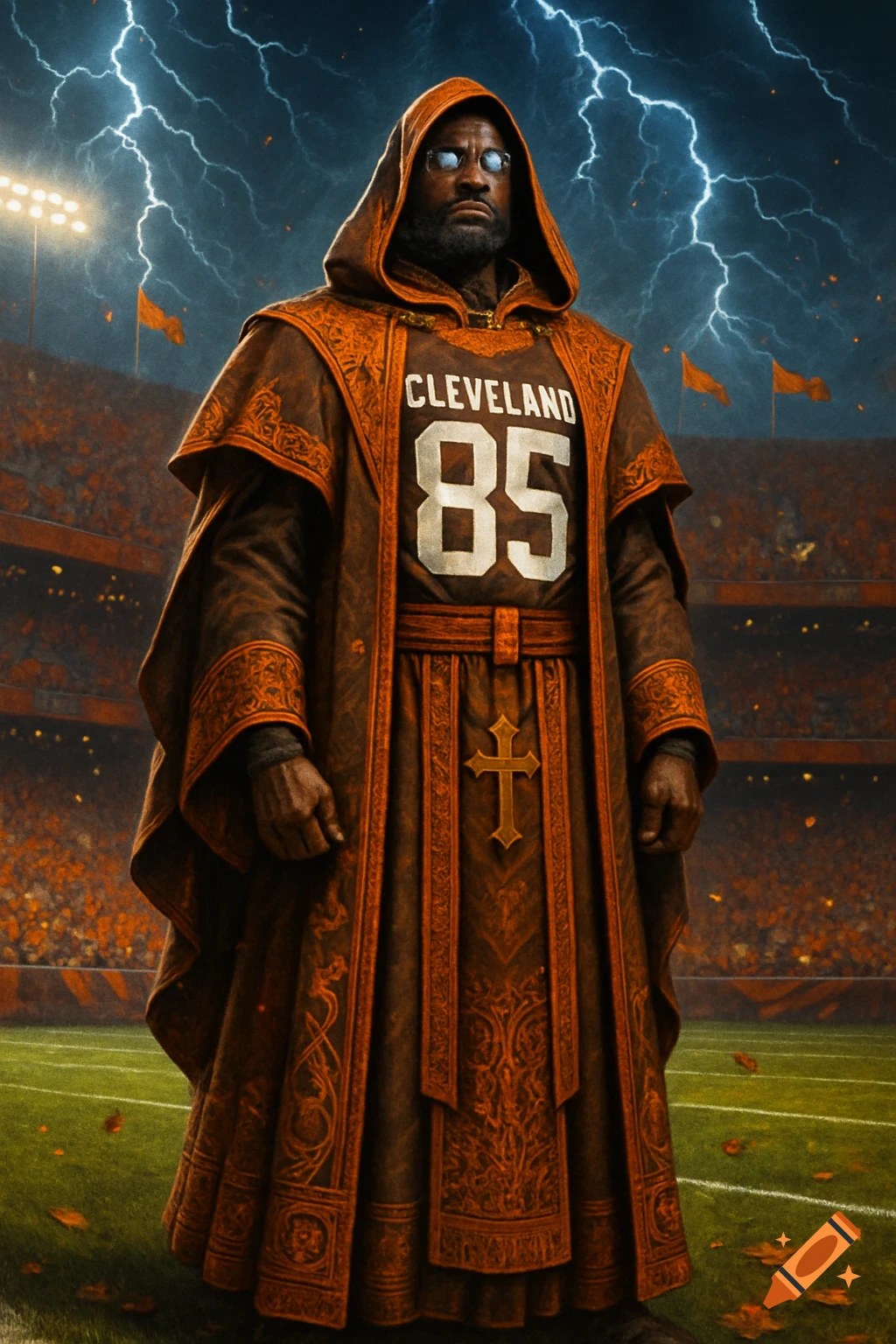 A man in a hooded brown robe over a Cleveland 85 football jersey stands on a field with lightning in the sky.