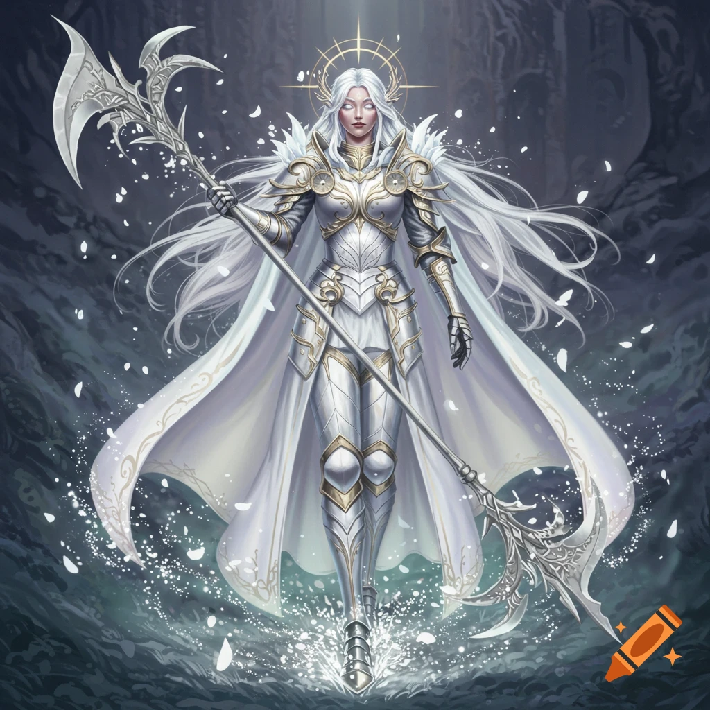 A fantasy warrior in gleaming white armor and a flowing cape, holding a large glaive, surrounded by glowing petals and a halo.