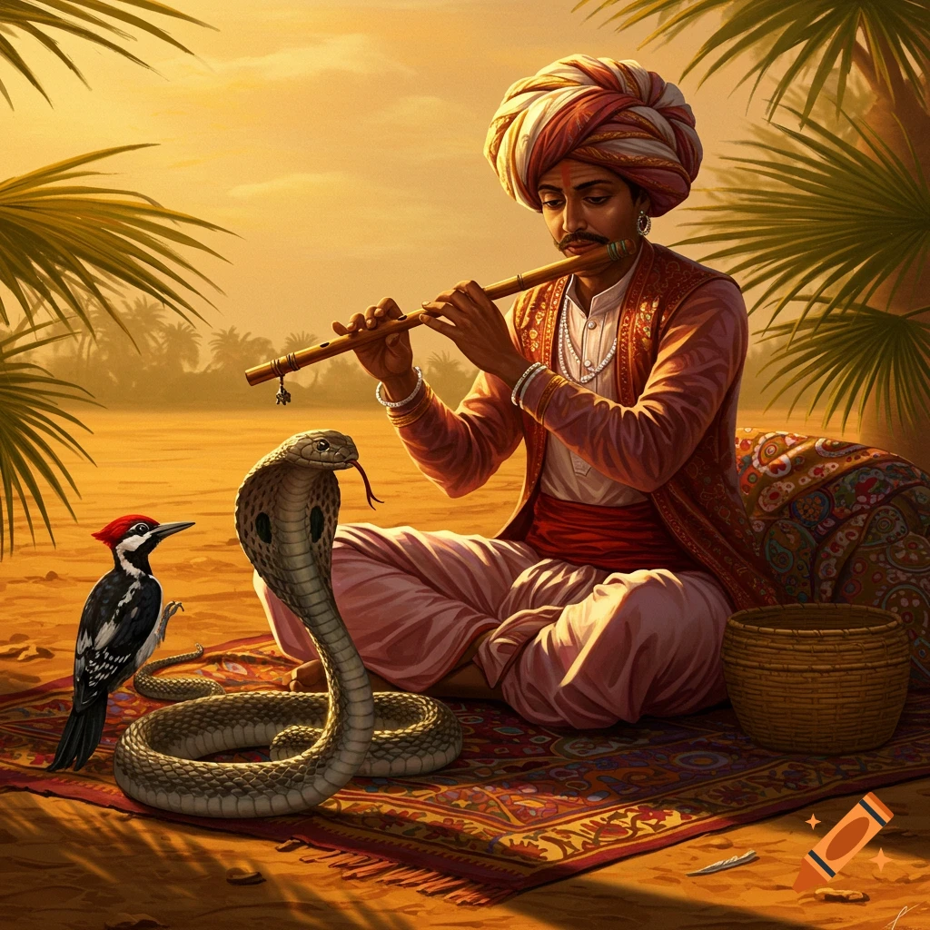 An Indian snake charmer in traditional attire plays a flute for a cobra and woodpecker in a golden desert.