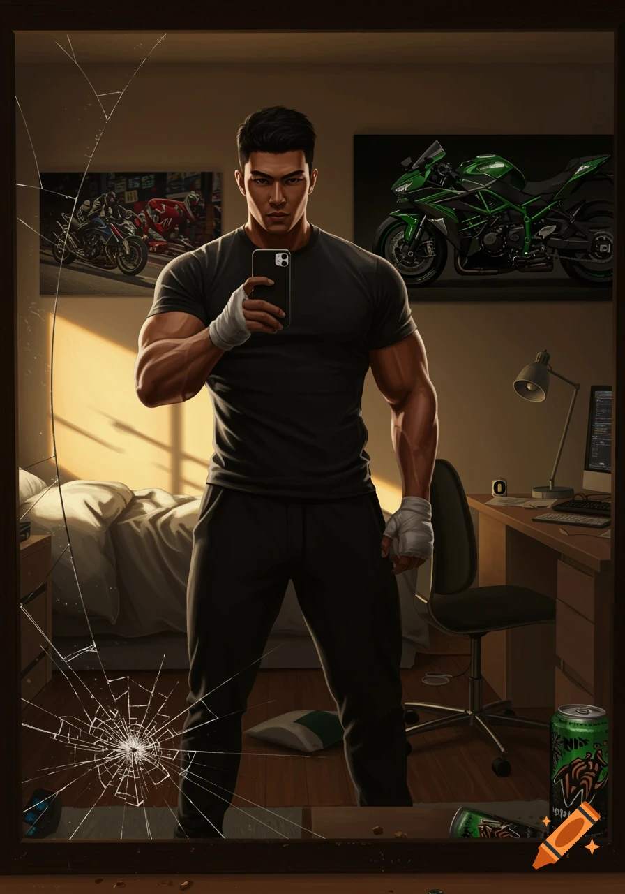 A muscular man with boxing wraps takes a selfie in a large, shattered mirror in his bedroom, revealing a messy bed, a desk with a computer, and motorcycle posters. He wears a black T-shirt and black pants.