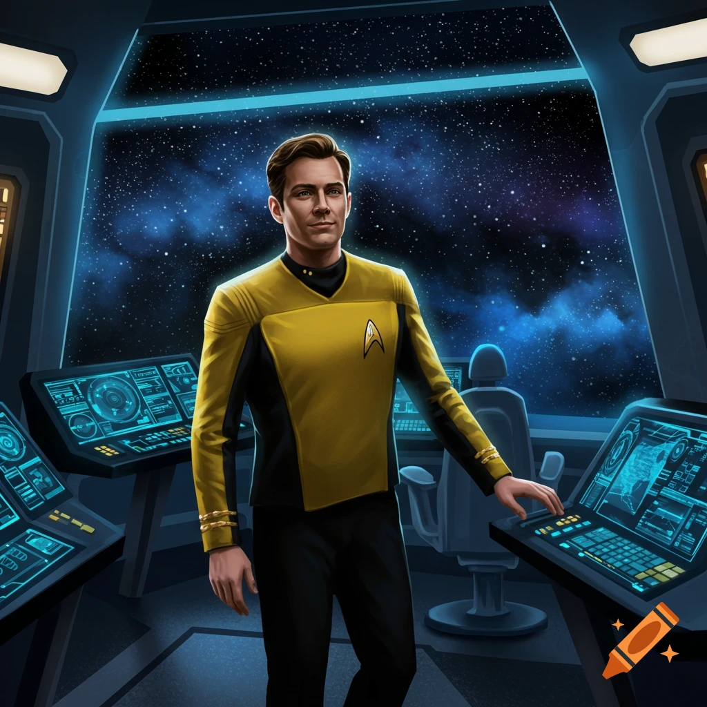 A male Starfleet officer in a gold uniform stands on a starship bridge, looking out at the starry expanse of space.