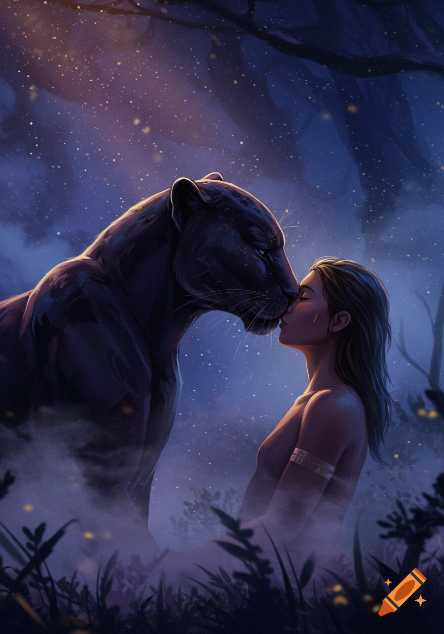 A woman with bare shoulders gently touches noses with a black panther in a starry, misty forest at night, digital art.