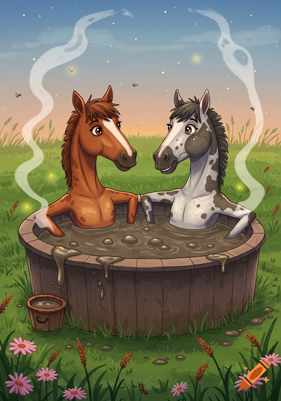 Two anthropomorphic cartoon horses, one brown and one spotted, relax happily in a wooden mud hot tub outdoors at sunset.