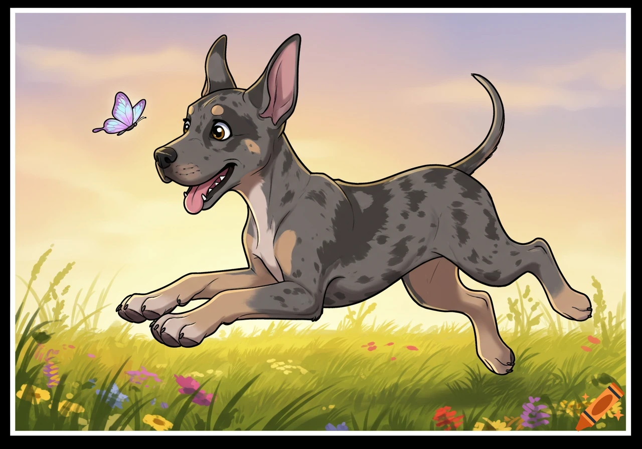 Cartoon merle puppy with tan markings running through a field of green grass and wildflowers, chasing a purple butterfly under a sunset sky.