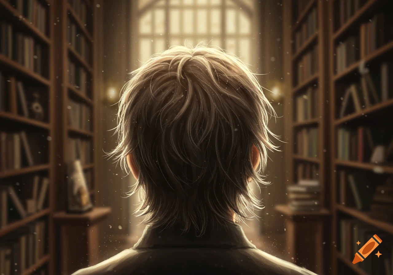 View from behind of a person with messy brown hair looking into a sunlit library filled with bookshelves, artistic style.