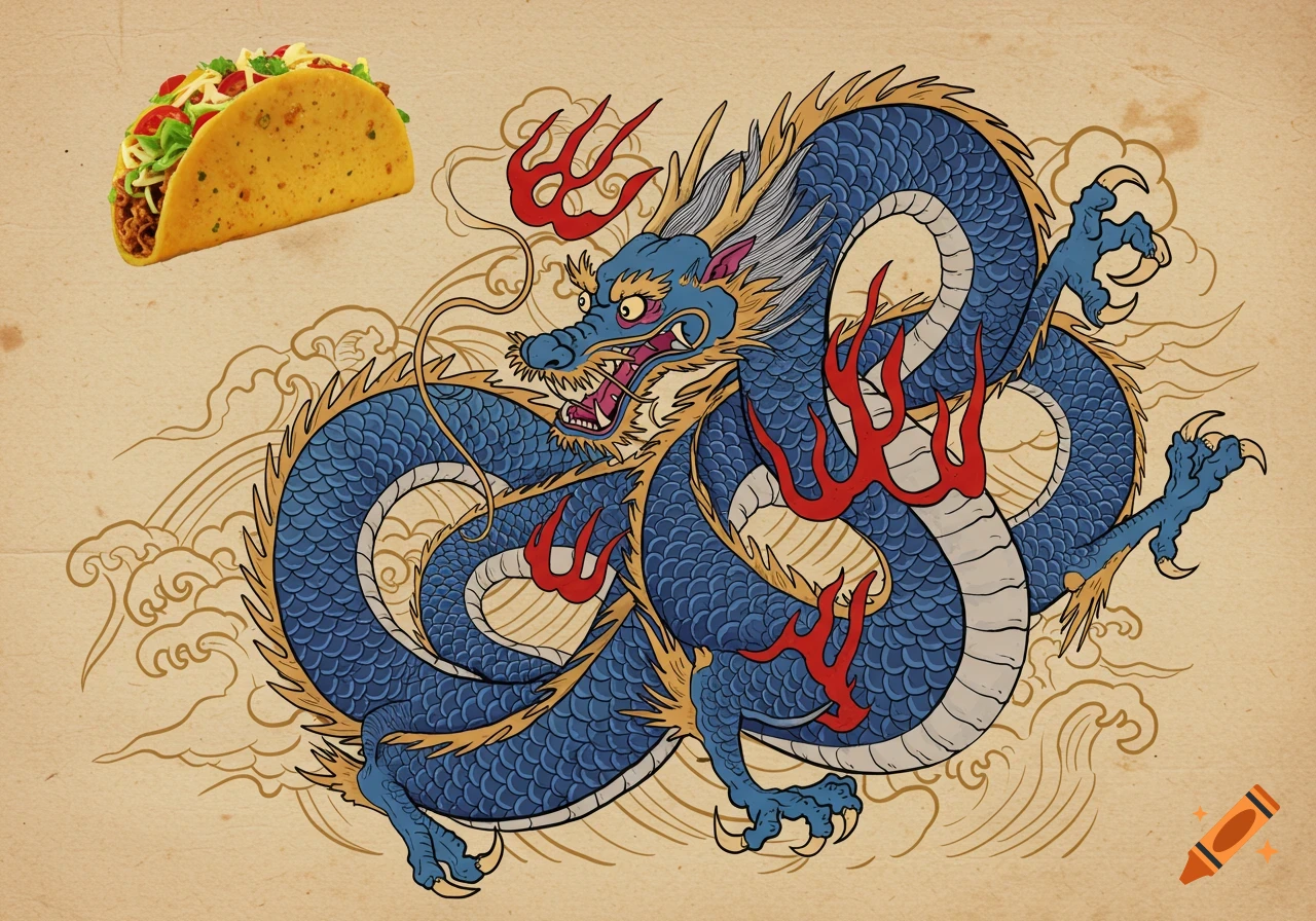 A blue and red Chinese dragon in a traditional art style gazes at a floating taco on a textured, parchment-like background.