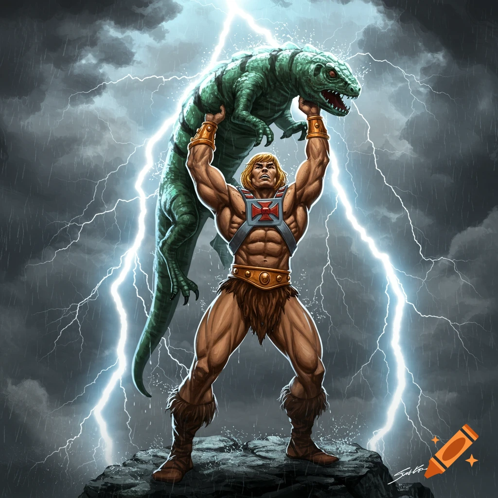 He-Man, in a comic art style, lifts a large green lizard overhead under a stormy sky with bright lightning.