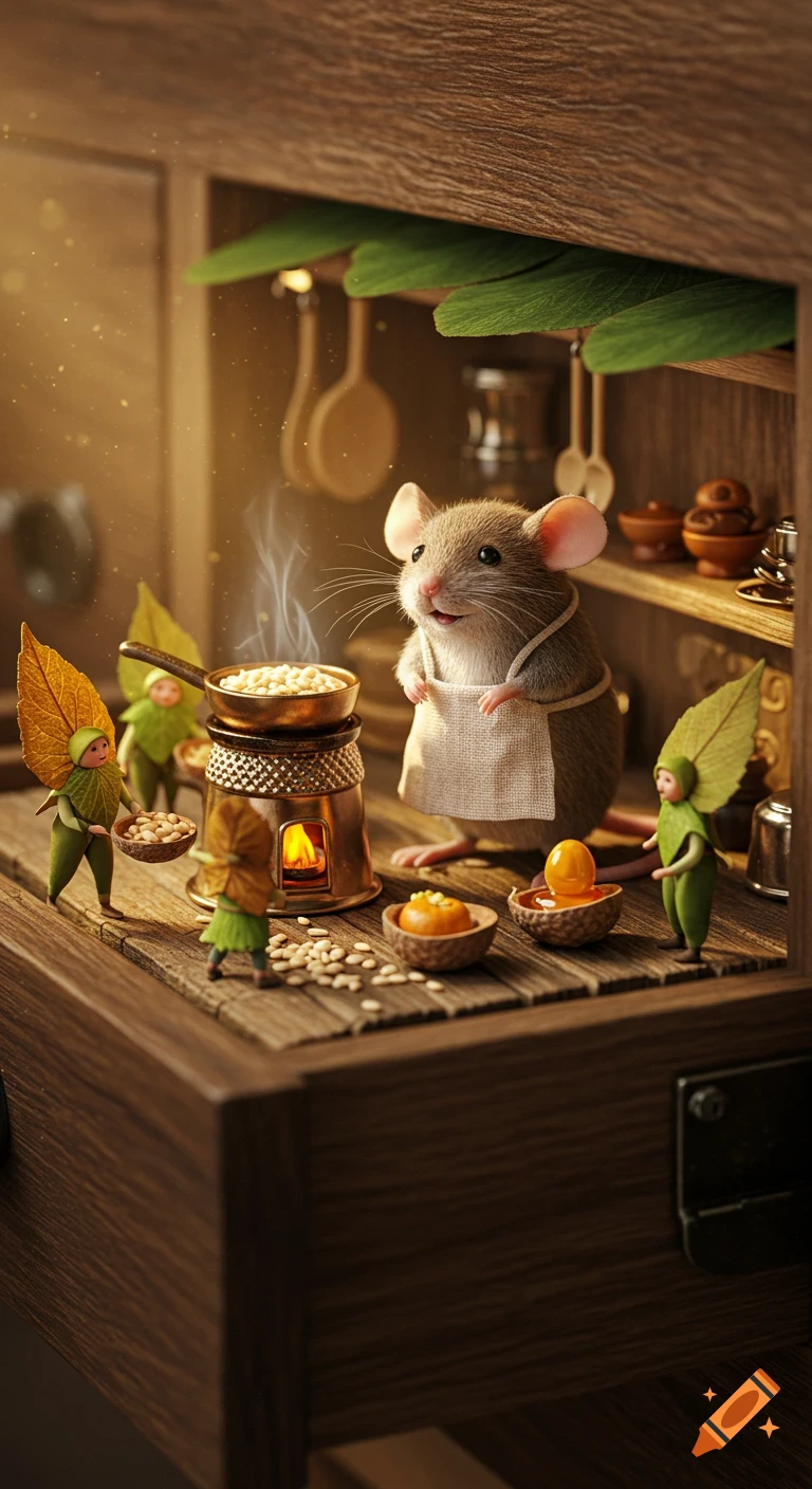 A photorealistic image of a mouse chef in an apron and tiny leaf people cooking in a miniature kitchen inside a wooden drawer.