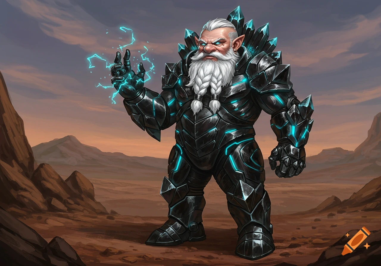 A powerful gnome warrior in black crystal armor with blue glowing accents casts lightning in a desert landscape.
