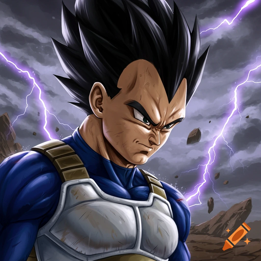 Anime style illustration of Vegeta from Dragon Ball, looking down with an angry expression against a stormy sky with purple lightning.