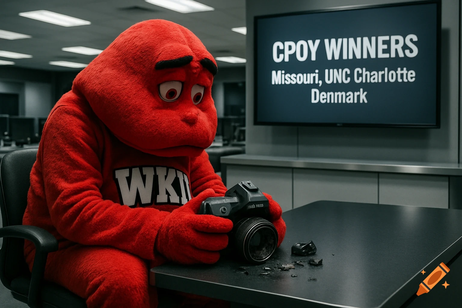 Photorealistic image of the red WKU Big Red mascot sitting slumped in a newsroom chair, holding a broken DSLR camera. A TV screen behind him displays 'CPOY WINNERS: Missouri, UNC Charlotte, Denmark'.