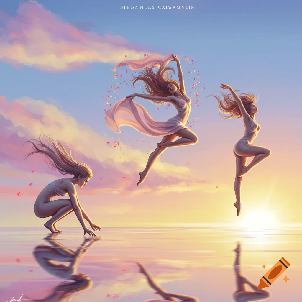 Three ethereal female figures in various dance poses against a vibrant pink and orange sunset over water, with reflections.