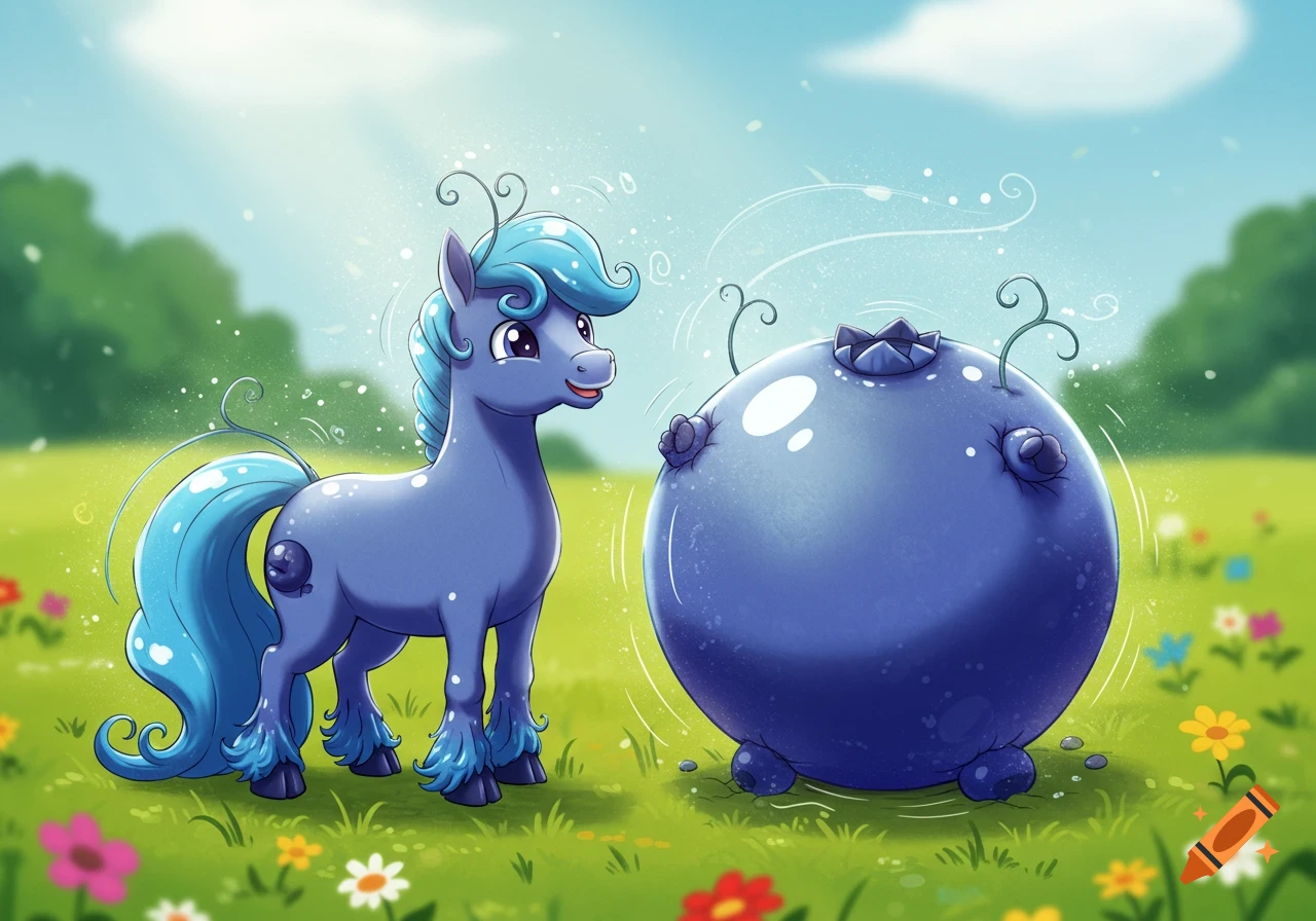 A cute blue cartoon horse with a light blue mane and tail stands in a sunny green field, looking at a giant blueberry glowing with magic.