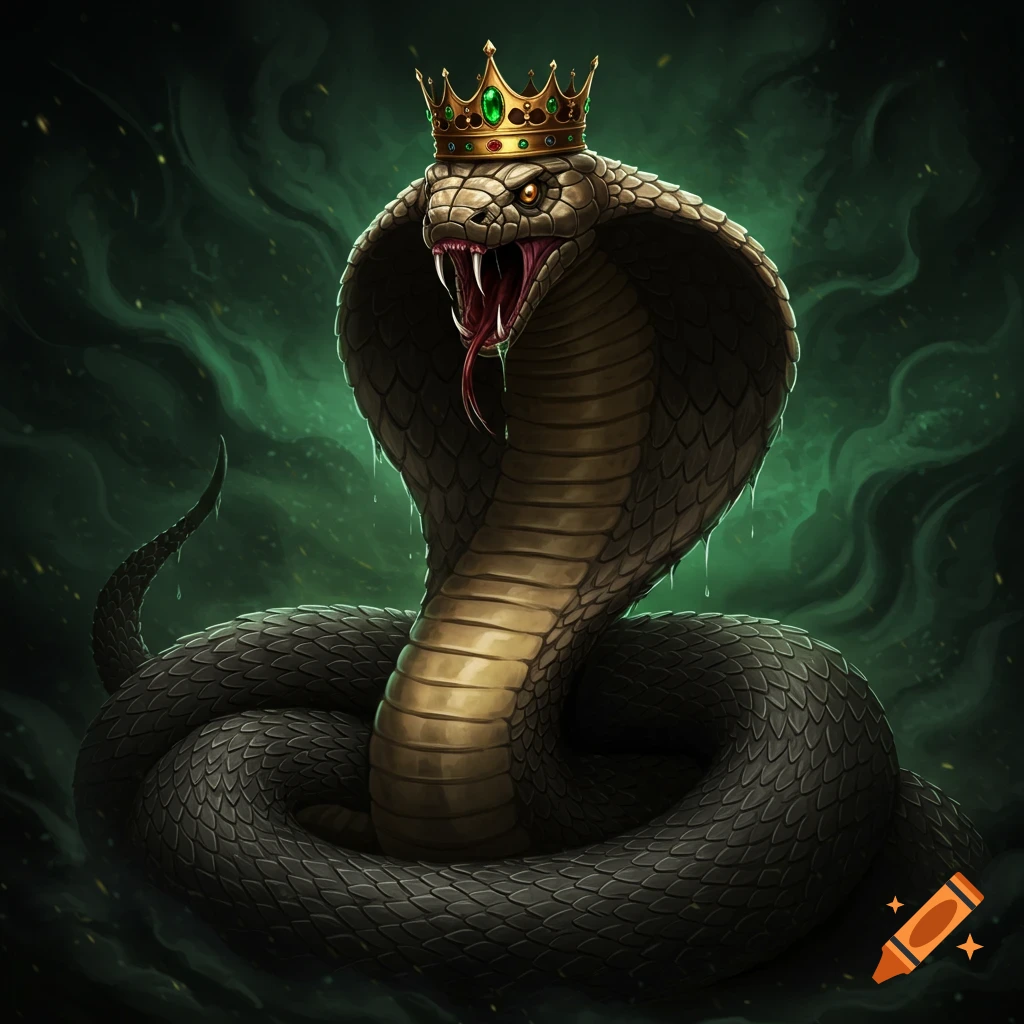 Illustration of a king cobra with a gold crown, fangs dripping venom, against a dark green smoky background.