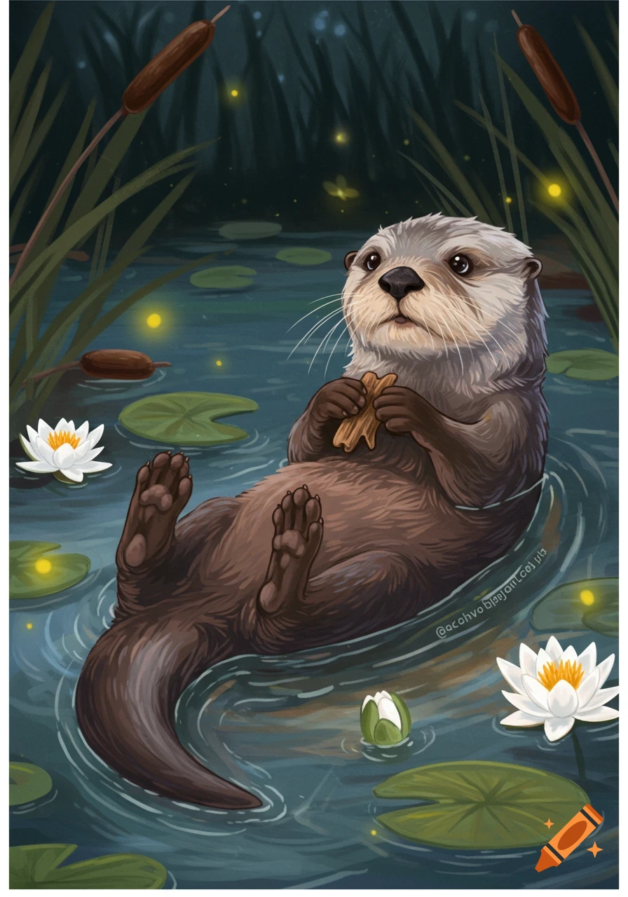 A cute brown otter floats on its back in a pond with lily pads and glowing fireflies, holding a stick, illustrated.