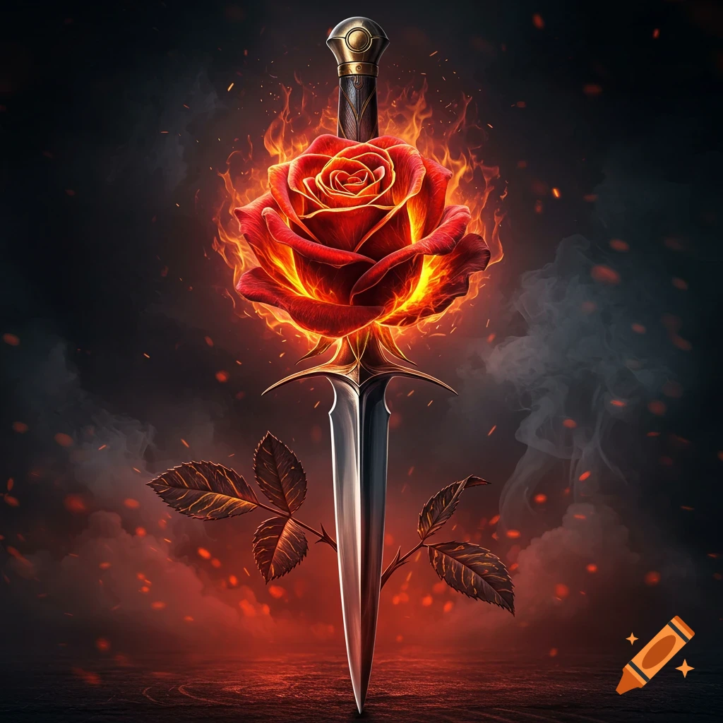 A fiery red rose with a dagger blade as its stem, surrounded by smoke and embers on a dark background. Fantasy art.