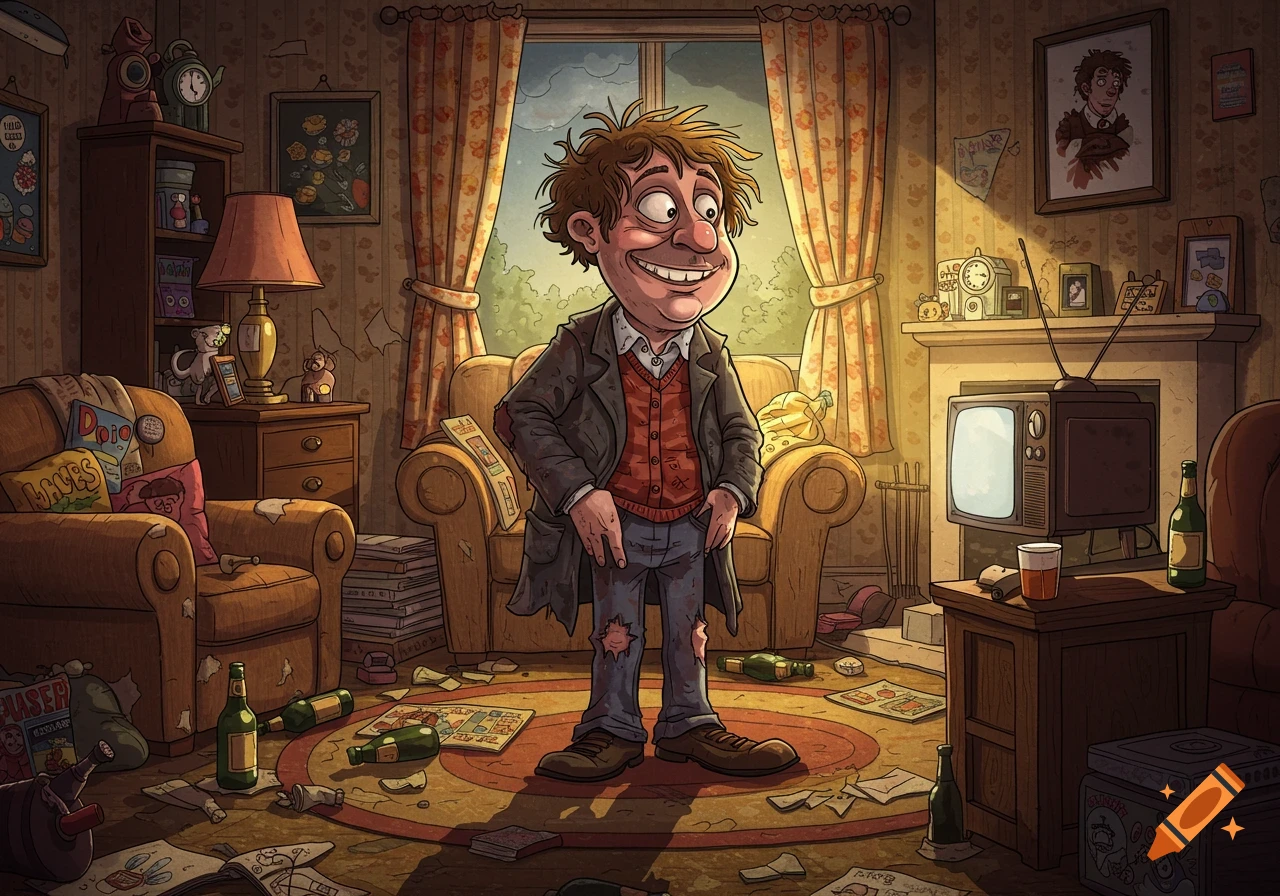 A disheveled, grinning cartoon man with messy hair and ripped clothes stands in a very messy living room with scattered items, an old TV, and patterned decor.