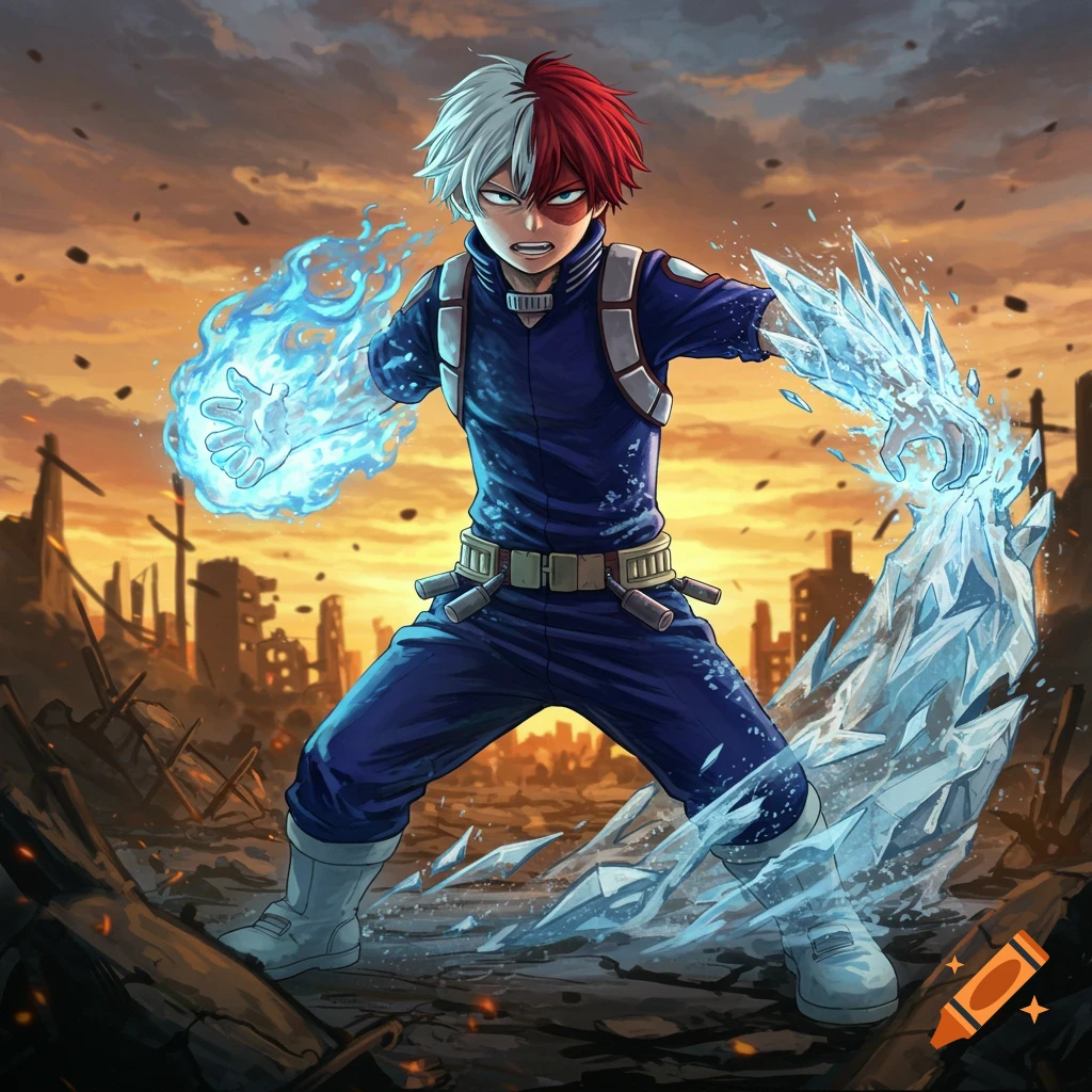Shoto Todoroki in an anime style, unleashing blue flames from his left hand and ice from his right, standing in a destroyed city.