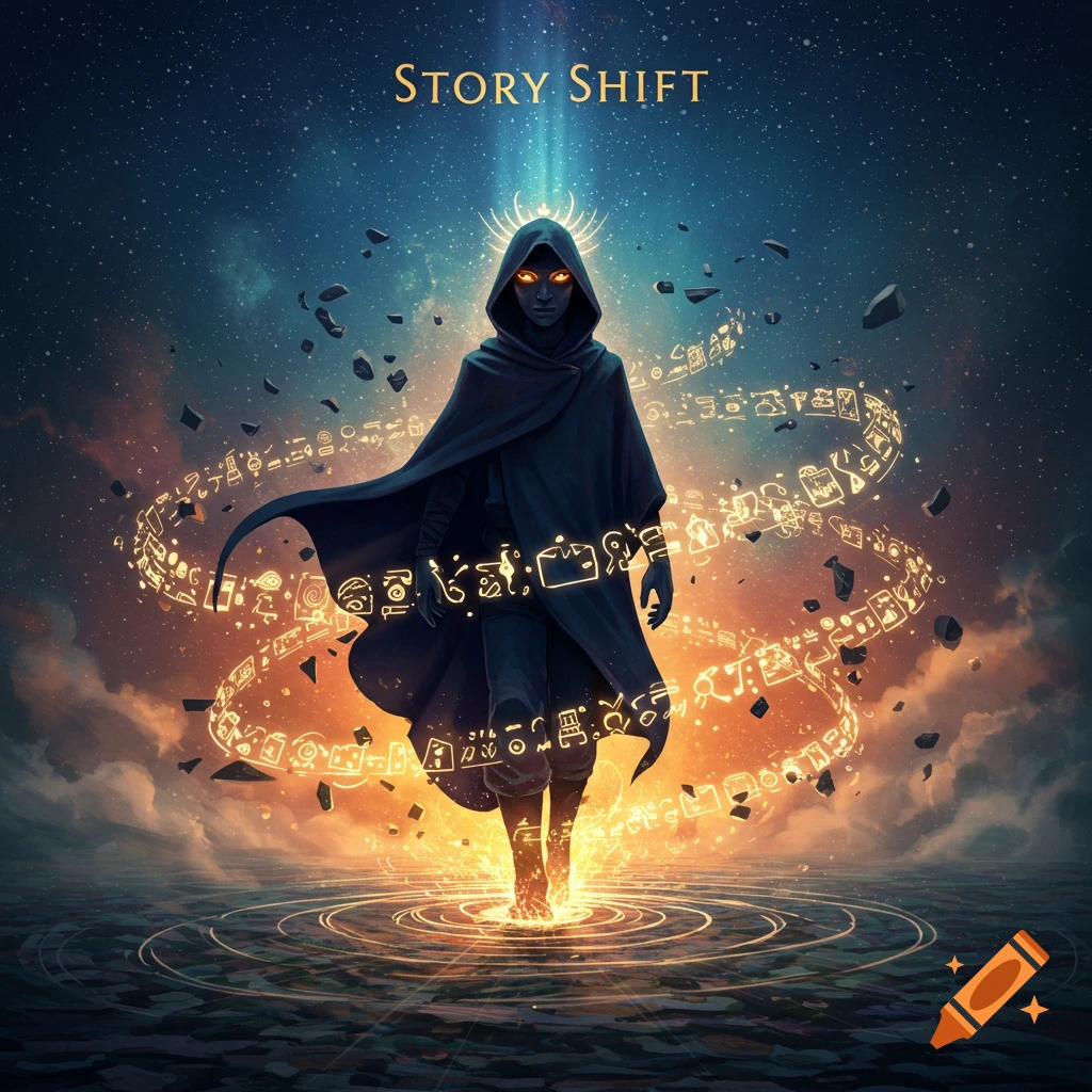 Hooded figure with glowing eyes in water, surrounded by swirling golden runes and debris under a cosmic sky. Text 'STORY SHIFT'.