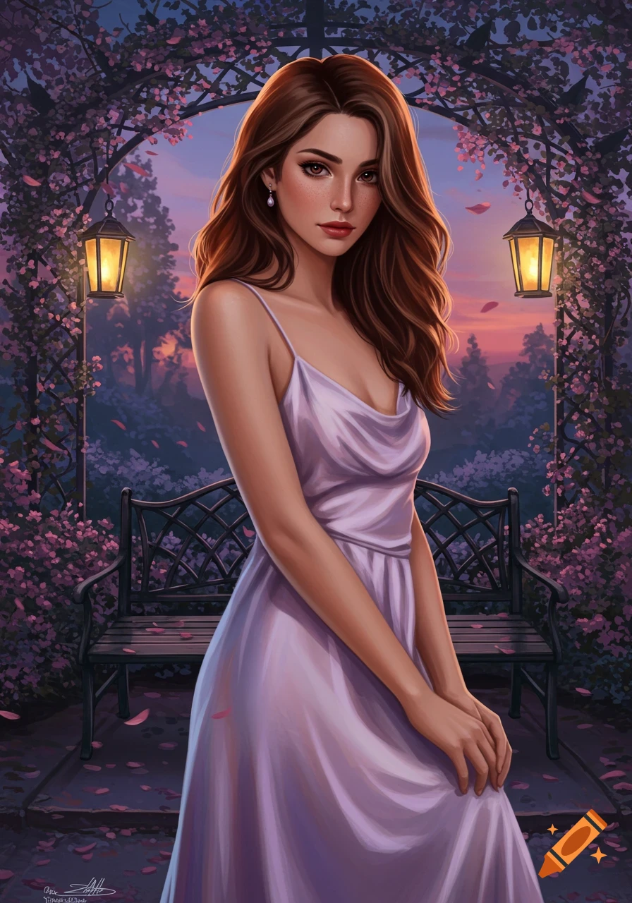 A digital painting of a beautiful young woman with long brown hair, wearing a lavender dress, standing in a romantic rose garden at sunset.