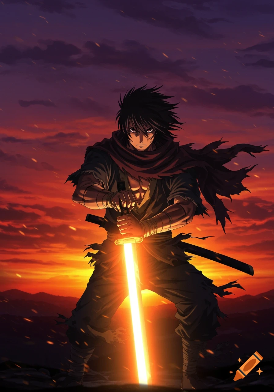 Anime male warrior with windswept black hair and tattered cloak, holding a glowing katana against a dramatic sunset.