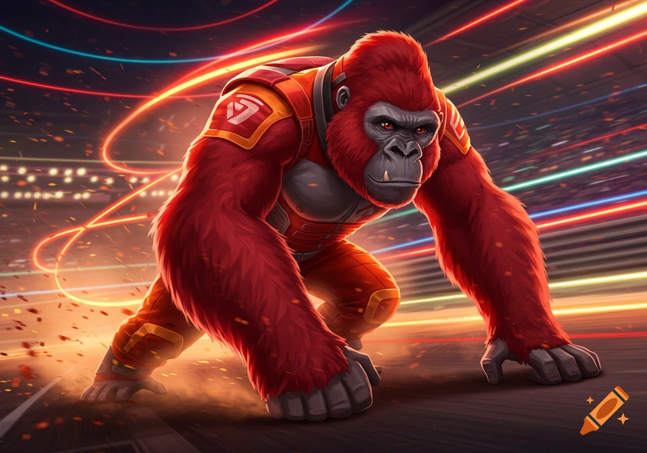 A vibrant red gorilla in a red and orange racing suit crouches, ready to run, against a blurred background of colorful light trails.