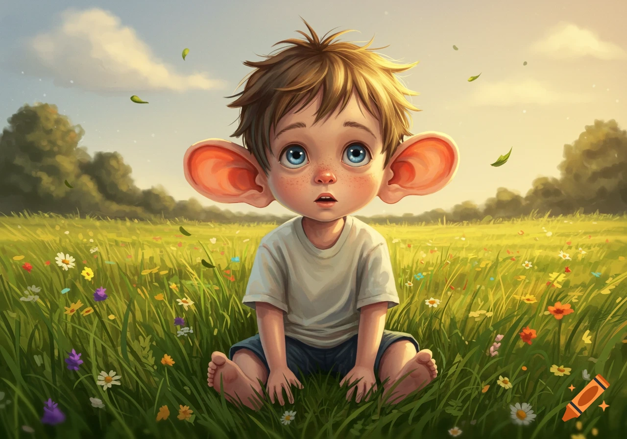 A cute cartoon boy with huge ears and freckles sits in a vibrant green field with colorful wildflowers under a sunny sky.