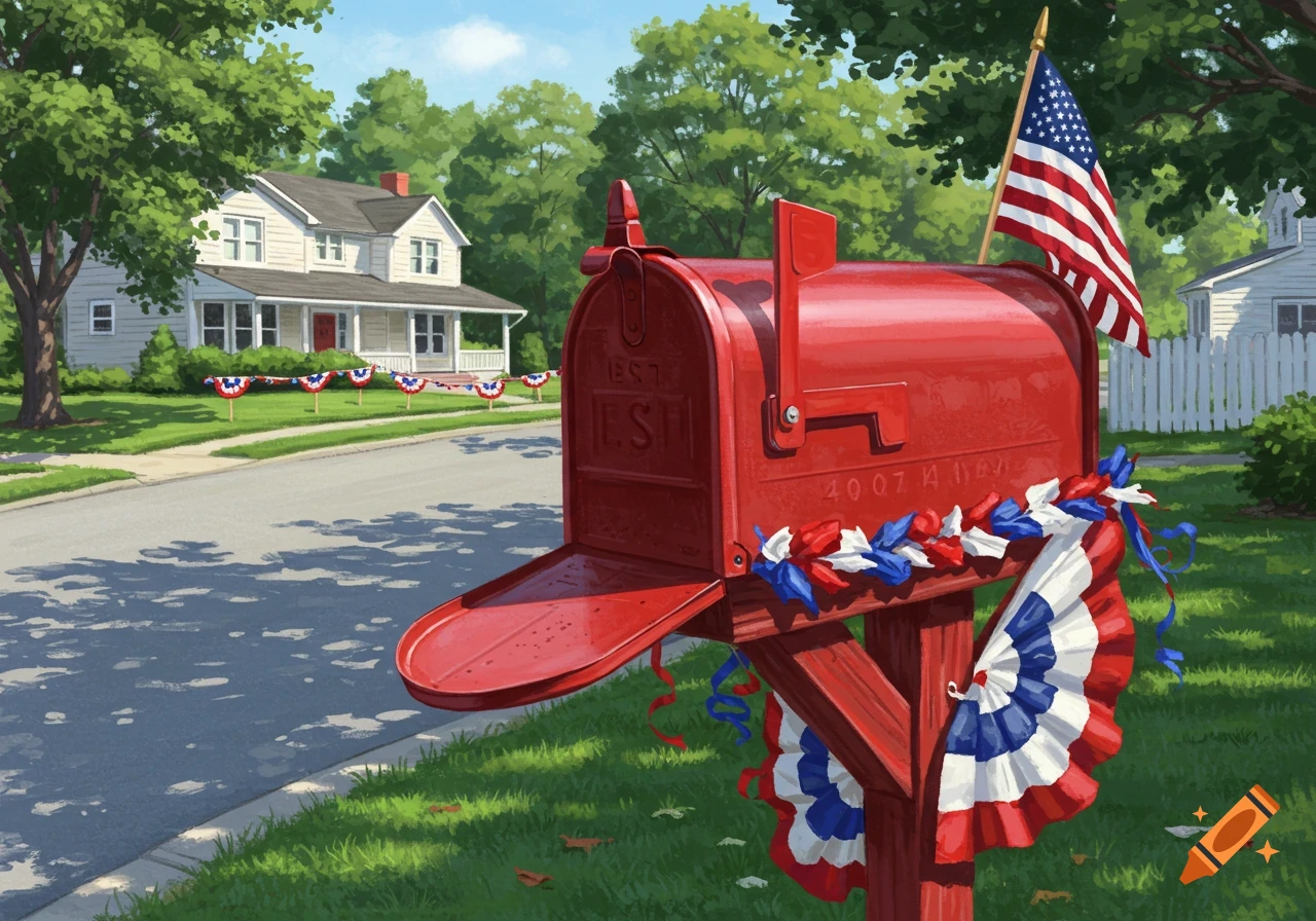 A vibrant red mailbox adorned with patriotic bunting and an American flag stands in front of a suburban house on a sunny day. Stylized illustration.