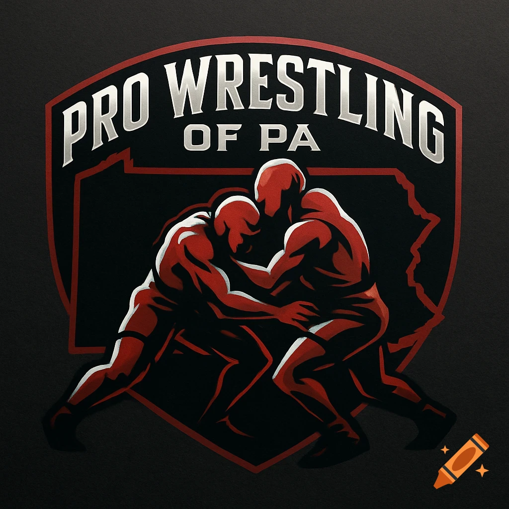 A shield logo featuring two red-and-white stylized wrestlers grappling, with 'PRO WRESTLING OF PA' text above, set against a black outline of Pennsylvania.