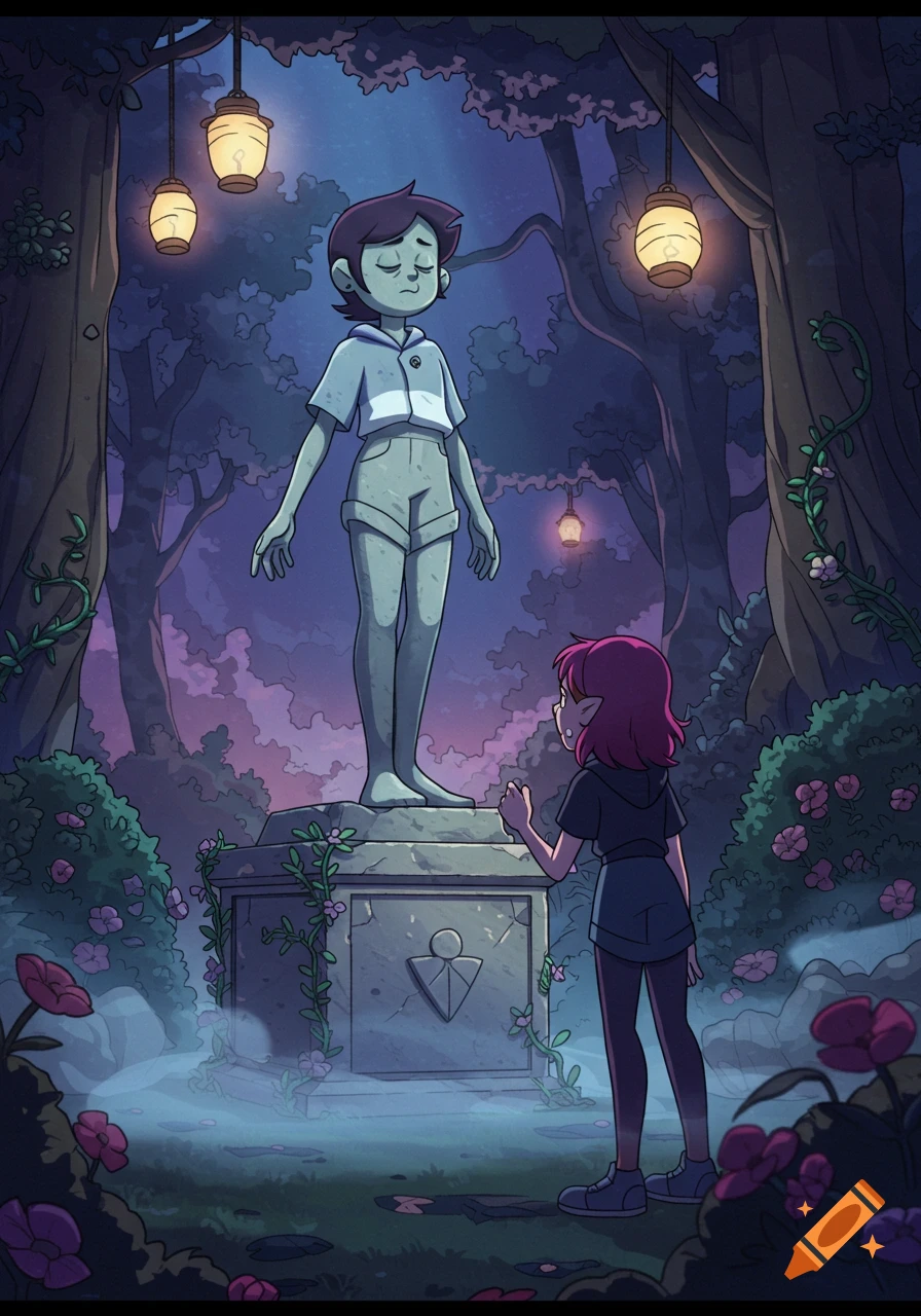 Cartoon of Amity standing before a statue of Luz in a magical, lantern-lit forest at night.