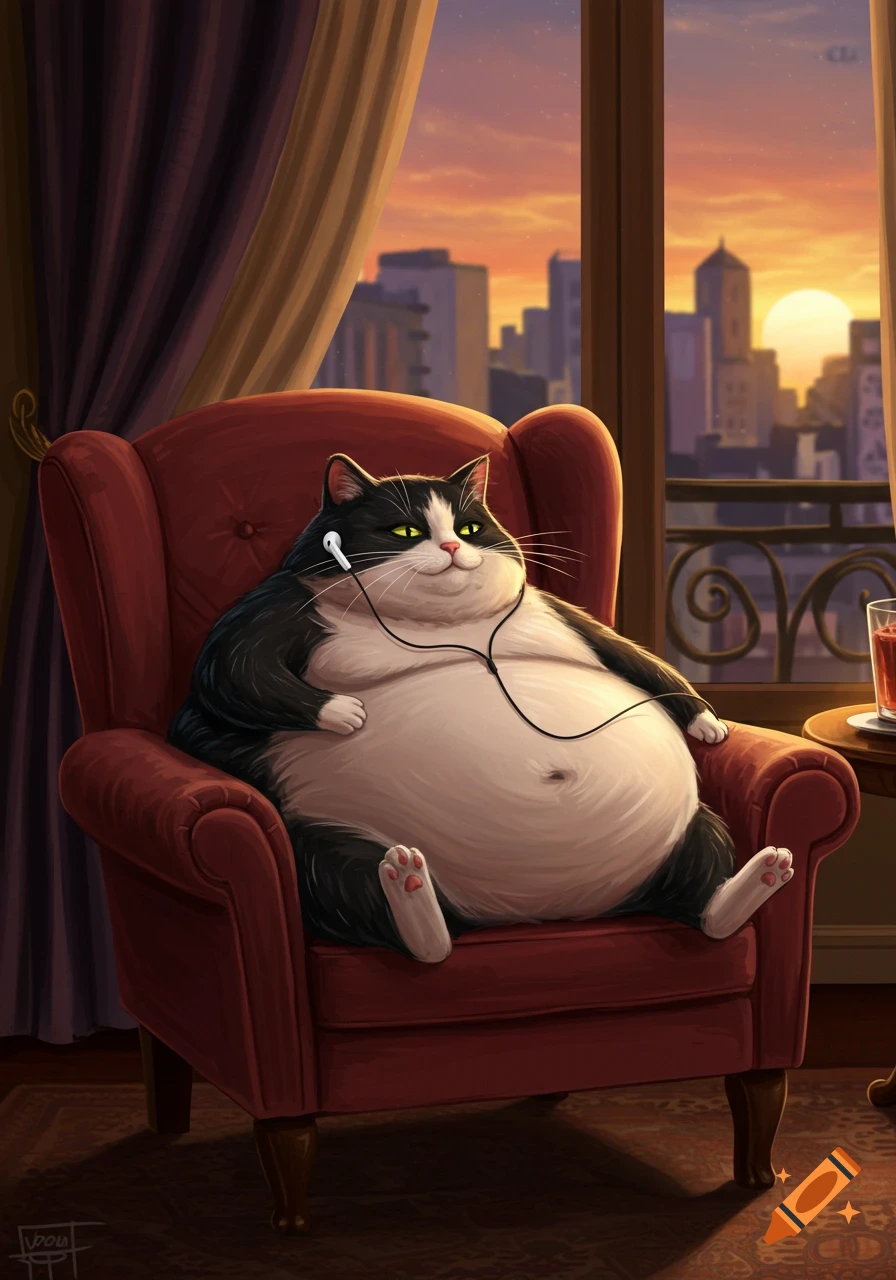 A plump black and white tuxedo cat with earbuds relaxes in a red armchair, looking at a city sunset.