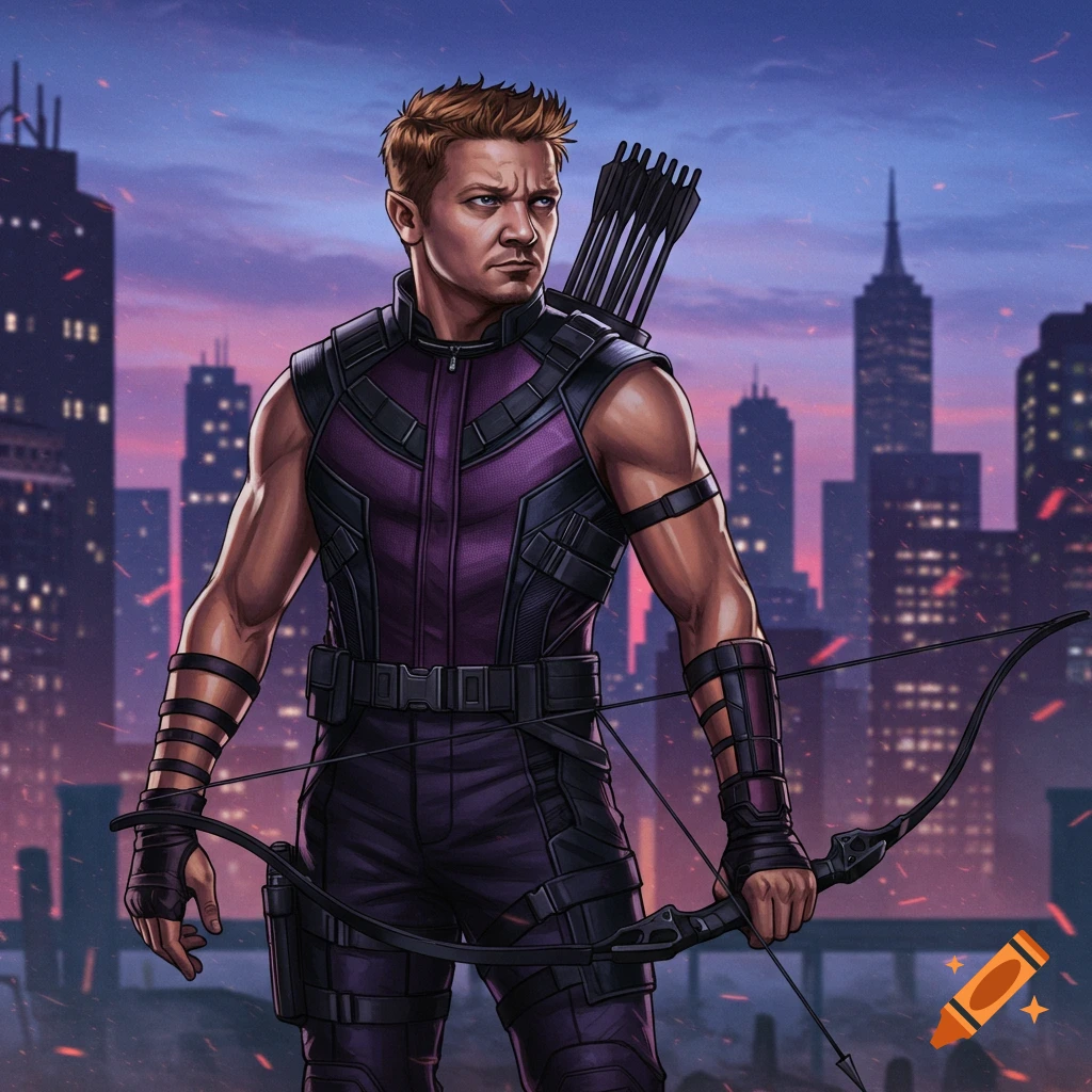 Comic art illustration of Hawkeye, a male superhero, holding a bow and arrow, standing in a cityscape at dusk.
