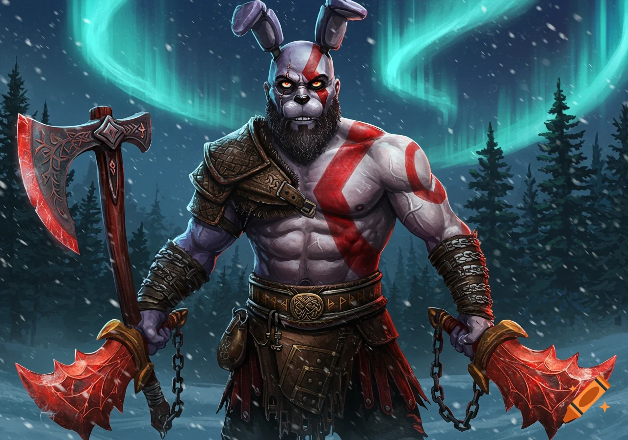 A muscular, grey-skinned warrior with bunny ears and red markings stands in a snowy forest under the aurora borealis, holding an axe and a chained blade.
