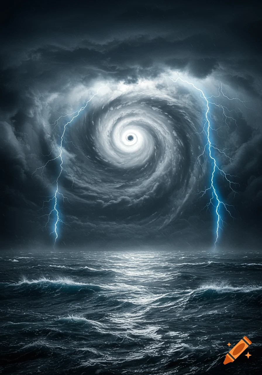 A powerful hurricane swirls over a stormy ocean with lightning striking in a dramatic, dark sky.