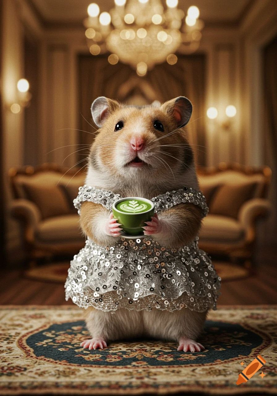A photorealistic hamster in a sparkly silver dress holds a tiny green matcha latte cup in a luxurious room with a chandelier.