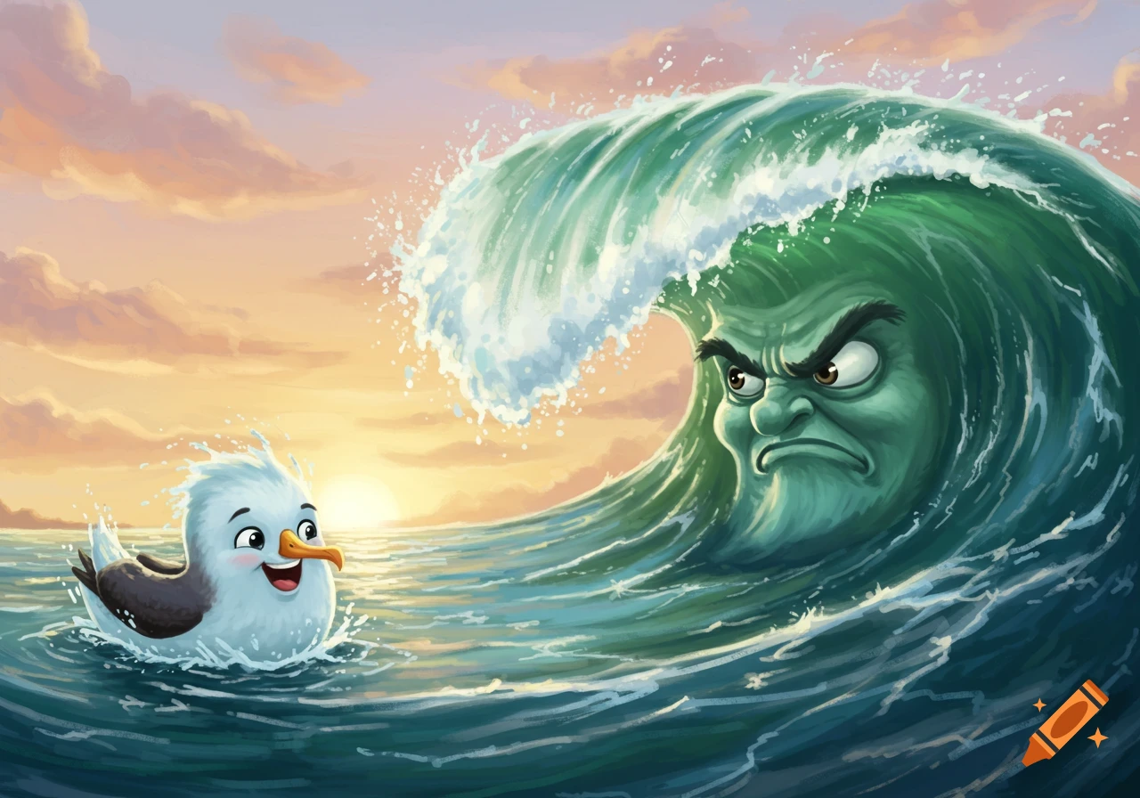 A happy cartoon seagull swims in the ocean, looking at a large, grumpy anthropomorphic wave at sunset.