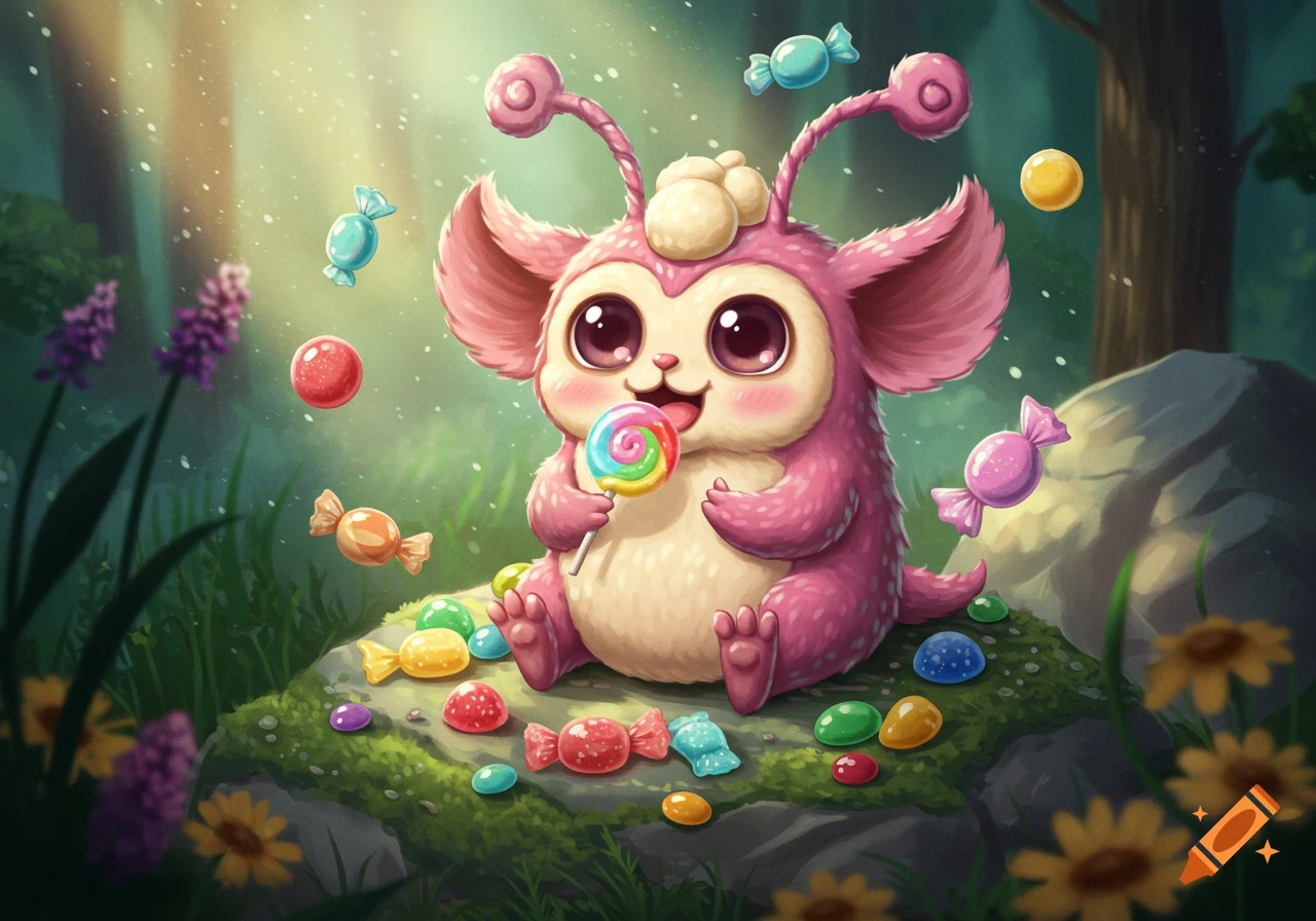 A cute pink cartoon creature with big eyes and antennae sits in a forest clearing, happily licking a rainbow lollipop surrounded by colorful candies and flowers.