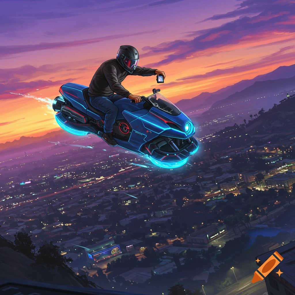 A person in a helmet flies a futuristic blue motorcycle over a city at sunset, taking a selfie with a phone.