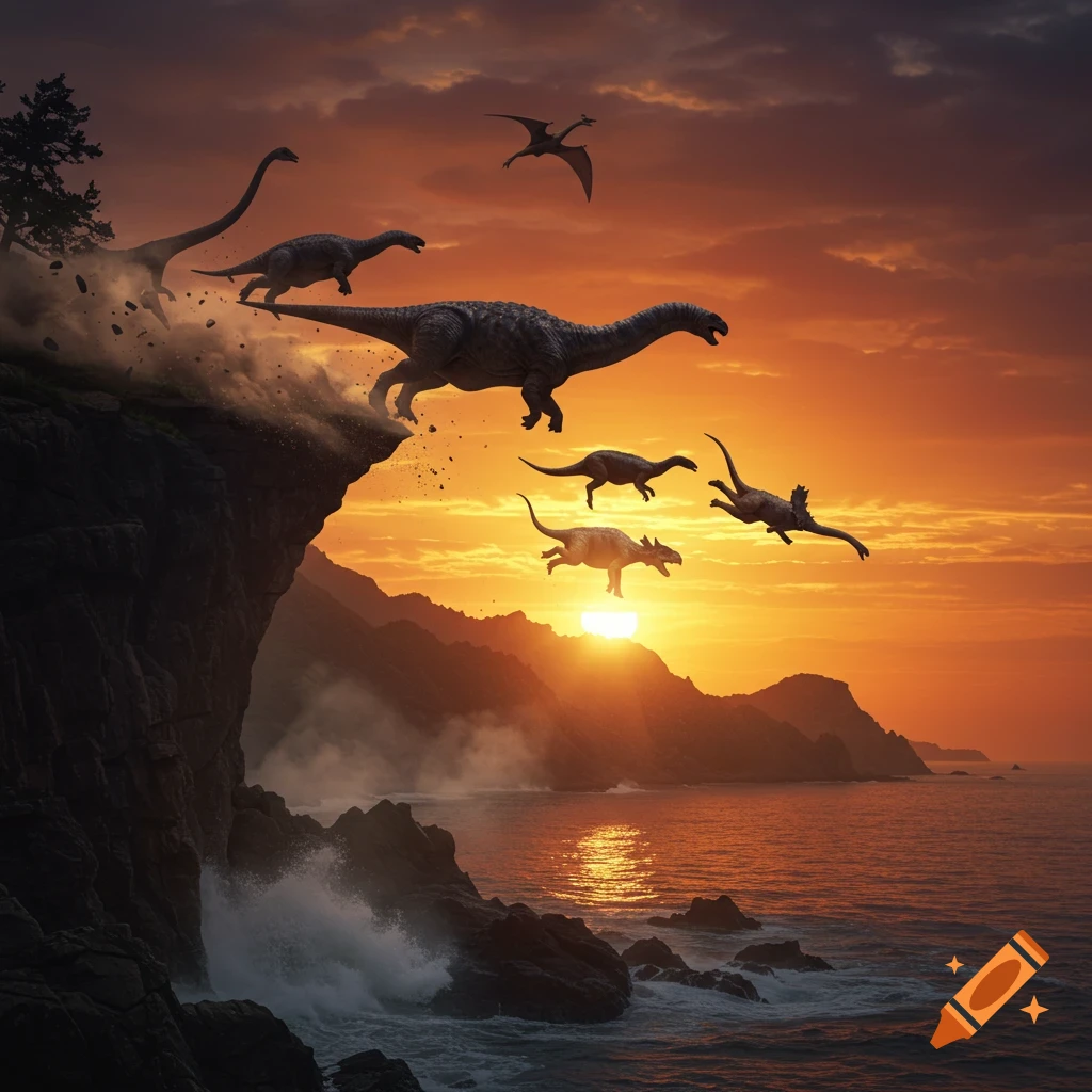 Several dinosaurs, including long-necked sauropods and smaller theropods, tumble from a dark cliff into the ocean at a vibrant sunset.