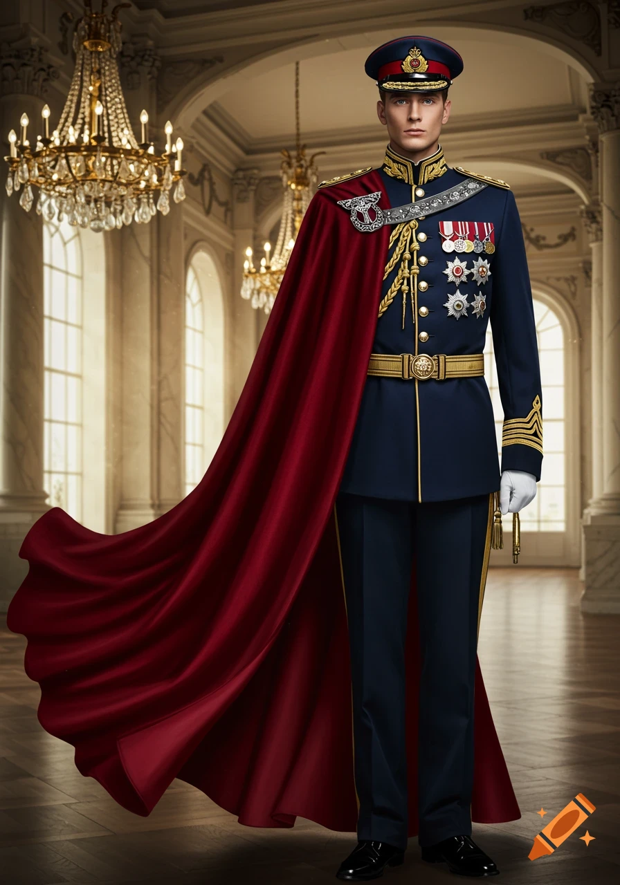 A man in a formal blue military dress uniform with gold trim and medals, wearing a flowing red cape, stands in a grand hall with chandeliers.