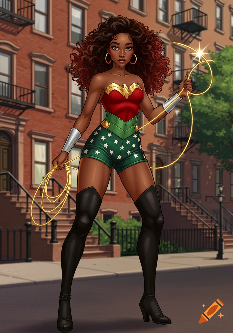 Cartoon African American woman in a Wonder Woman costume with a gold lasso, standing in an urban street with brownstone buildings.