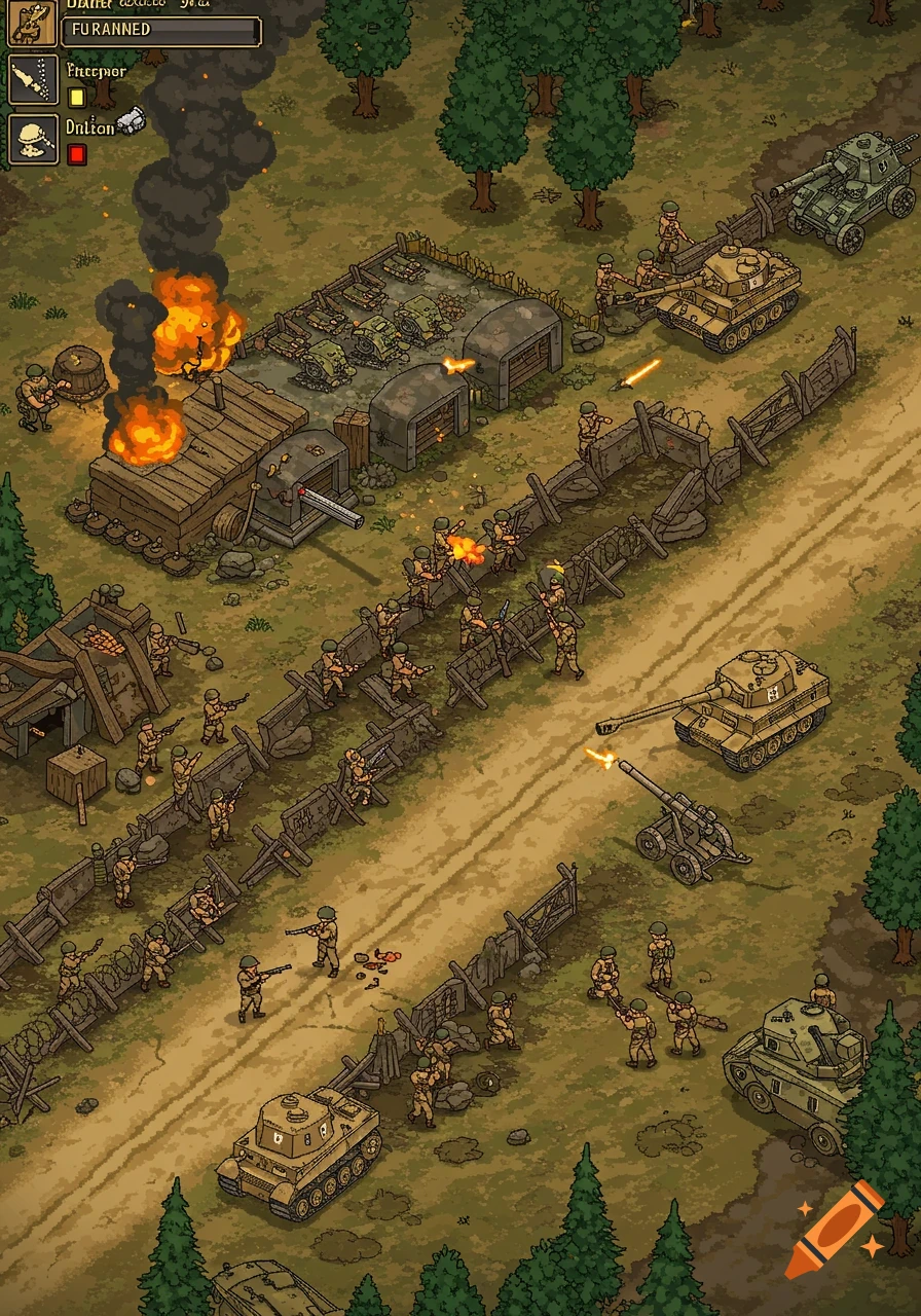 A top-down pixel art scene of a World War 2 battle with soldiers, tanks, bunkers, and explosions on a dirt road, resembling a video game.