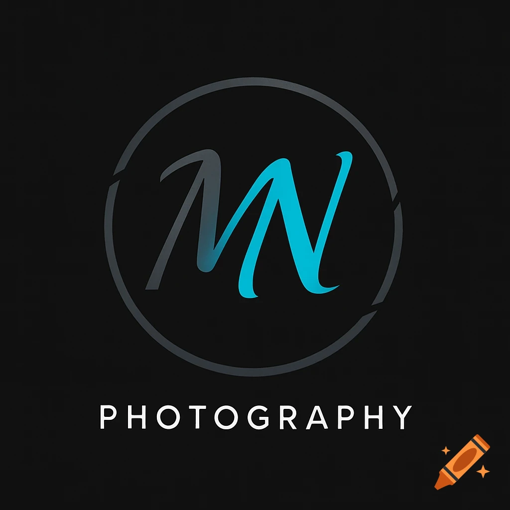A black background with a stylized gray and blue 'MN' logo inside a gray circle, with 'PHOTOGRAPHY' written in white text below it.