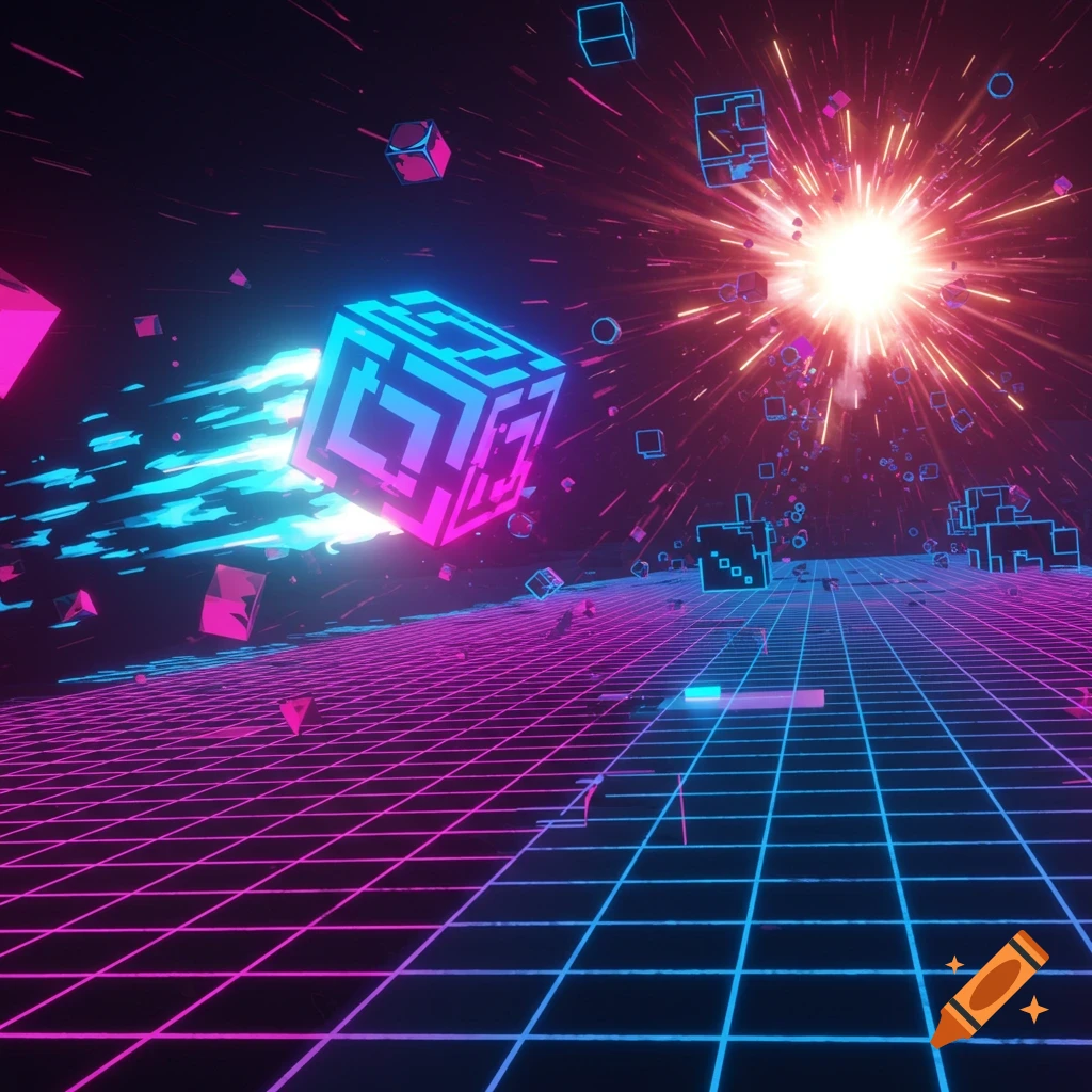 Neon pink and blue grid extending into dark space with a glowing pixelated cube, small geometric shapes, and a bright explosion.