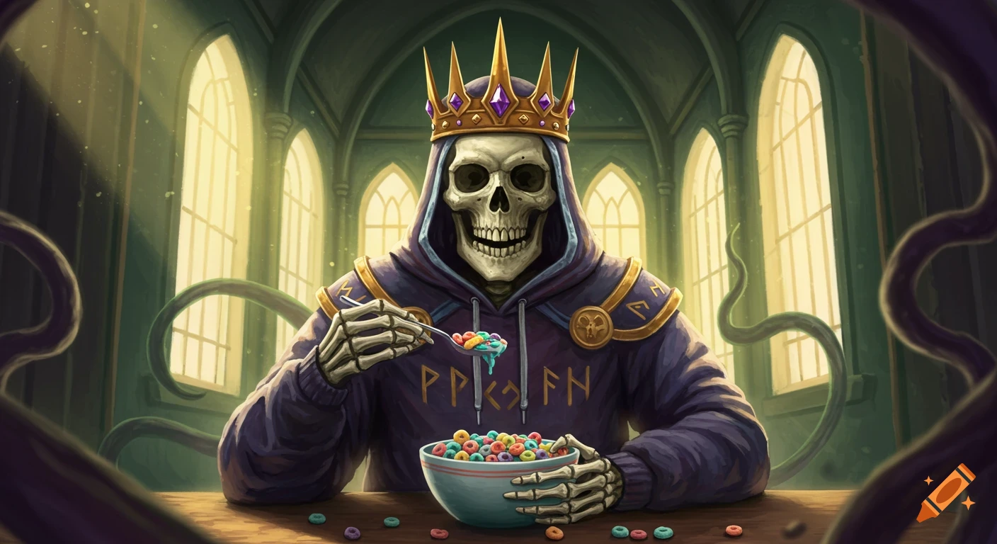 A stylized skeleton lich king wearing a crown and a purple hoodie sits at a table, eating a bowl of colorful fruit loop cereal in a grand hall with arched windows.